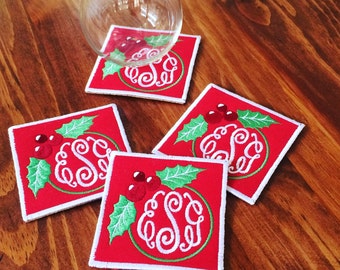 Monogrammed Holiday Coasters -Set of Four