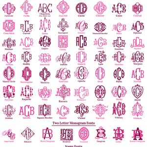 May include: A chart of different monogram font styles for three-letter and two-letter names. The chart also includes a list of name fonts, such as Times, Parisienne, and Lancer.