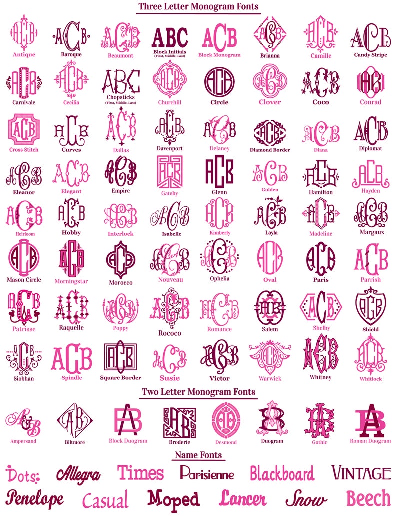 May include: A chart of different monogram font styles for three-letter and two-letter names. The chart also includes a list of name fonts, such as Times, Parisienne, and Lancer.