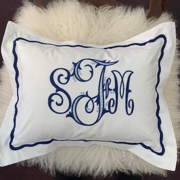 Monogrammed Wave Stitch Trimmed Pillow