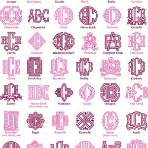 May include: A chart of 25 different monogram designs in pink and purple. Each design features the letters ACB, ABC, or HCB in various styles, including circle, diamond, and block.