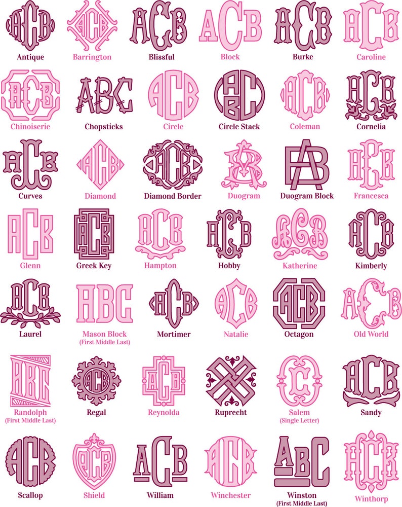 May include: A chart of 25 different monogram designs in pink and purple. Each design features the letters ACB, ABC, or HCB in various styles, including circle, diamond, and block.