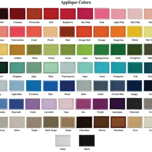 May include: A chart of 64 fabric swatches with names of colors in English. The colors are arranged in rows and columns, with each color having a corresponding name below it.