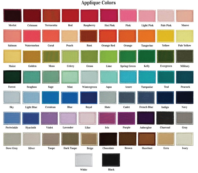May include: A chart of 64 fabric swatches with names of colors in English. The colors are arranged in rows and columns, with each color having a corresponding name below it.