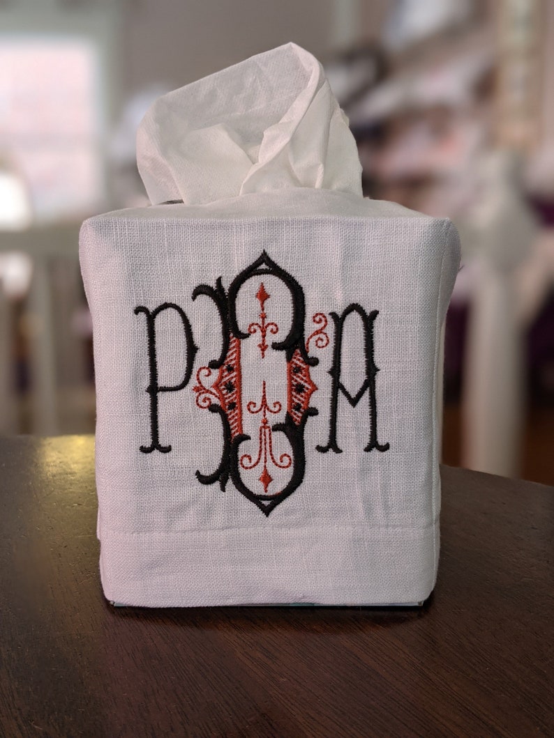 Monogrammed Linen Tissue Box Cover image 3