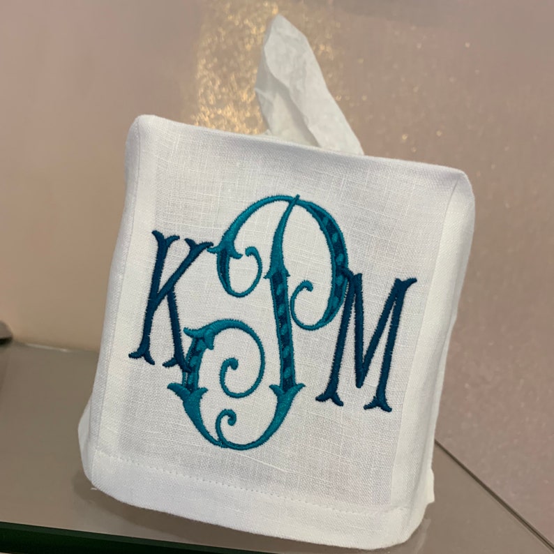 Monogrammed Linen Tissue Box Cover image 1