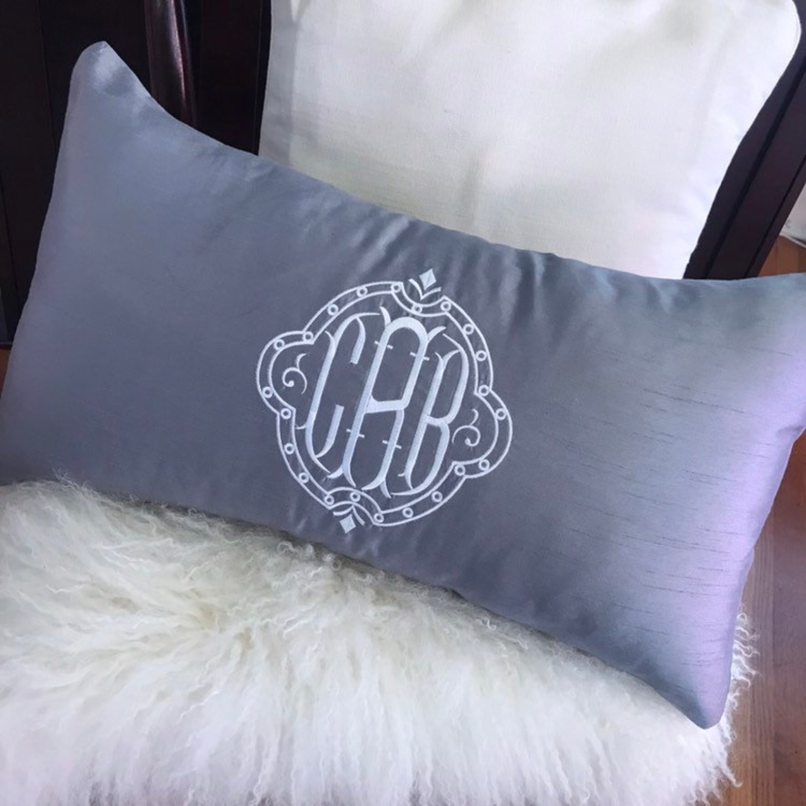 Monogrammed Dupioni Silk Lumbar Pillow Etsy