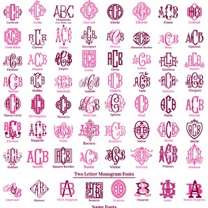 May include: A chart of different monogram font styles for three-letter and two-letter names. The chart also includes a list of name fonts, such as Times, Parisienne, and Lancer.
