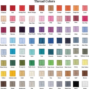 May include: A chart showing a variety of thread colors, with each color labeled. The colors are arranged in rows and columns, with the first row showing red shades, the second row showing pink shades, the third row showing purple shades, the fourth row showing blue shades, the fifth row showing turquoise shades, the sixth row showing green shades, the seventh row showing yellow shades, the eighth row showing brown shades, and the ninth row showing gray shades.