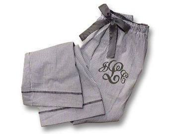 Monogrammed Seersucker Pajama Pants