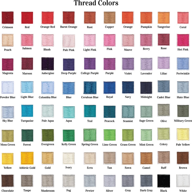 May include: A chart showing a variety of thread colors, with each color labeled. The colors are arranged in rows and columns, with the first row showing red shades, the second row showing pink shades, the third row showing purple shades, the fourth row showing blue shades, the fifth row showing green shades, the sixth row showing yellow shades, the seventh row showing brown shades, and the eighth row showing gray shades.