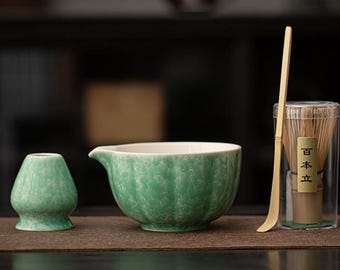 Handmade Ceramic Matcha Bowl Set: Kiln-Fired Ice Flower Design