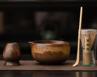 Juego de cuencos de té de cerámica hechos a mano, soporte para batidor a juego con cuenco de matcha, con kit de matcha con pico, regalo para amantes del matcha, regalo para ella