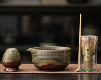Handmade ceramic matcha bowl set,Matcha Bowl with matching Whisk Holder / Stand,with Spout Matcha Kit Gift Set Gift for Her