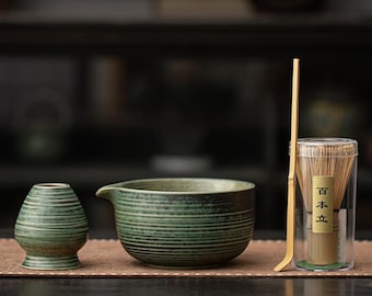 Handmade ceramic matcha bowl set,Matcha Bowl with matching Whisk Holder / Stand,with Spout Matcha Kit Gift Set Gift for Her