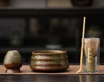 Set di ciotole per matcha in ceramica fatte a mano, ciotola per matcha con supporto/porta frusta abbinato, con beccuccio, set regalo per Matcha, regalo per lei