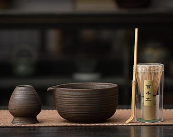 Juego de cuencos de matcha de cerámica hechos a mano, cuenco de matcha con soporte/soporte para batidor a juego, con pico, kit de matcha, juego de regalo para ella