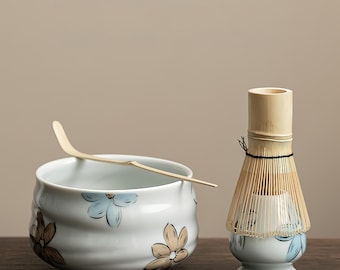 Hand-Drawn Floral Matcha Bowl Set: Bamboo Whisk & Chasen Holder