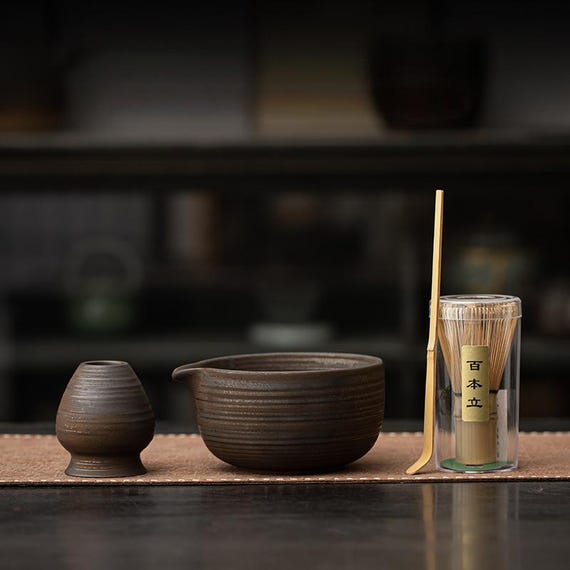 Handmade ceramic matcha bowl set,Matcha Bowl with matching Whisk Holder / Stand,with Spout Matcha Kit Gift Set Gift for Her