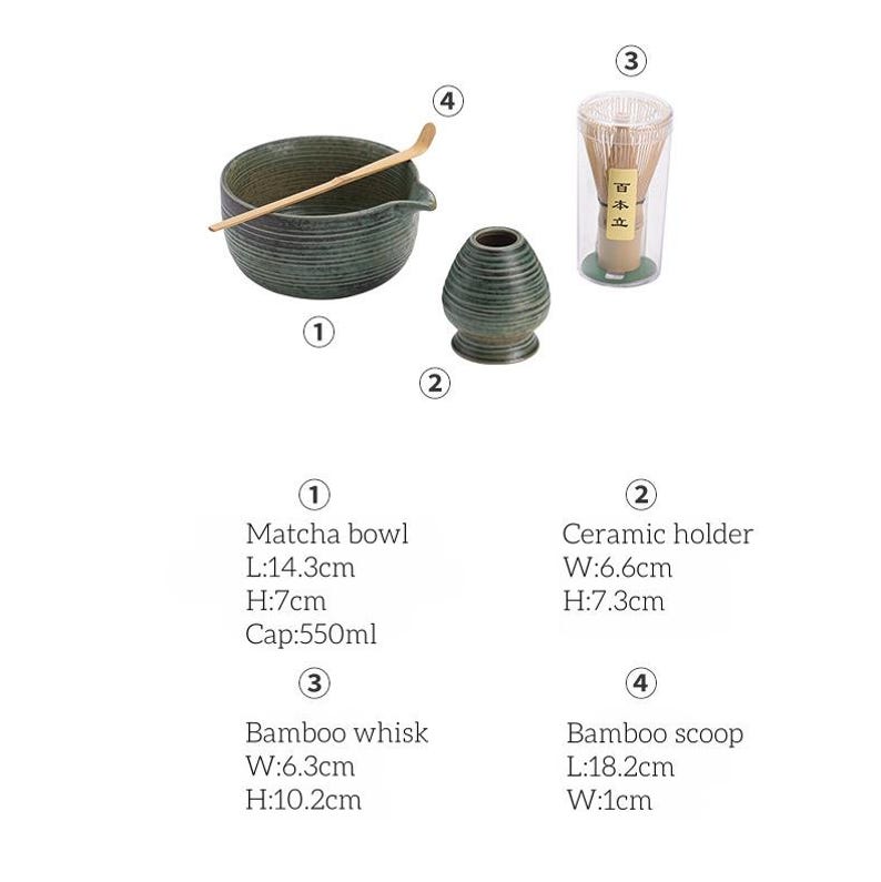 K&ouml;nnte beinhalten: Ein Matcha-Teeset mit einer gr&uuml;nen Keramikschale, einem Keramikhalter, einem Bambusbesen und einem Bambusl&ouml;ffel. Die Schale ist 14,3 cm lang und 7 cm hoch. Der Schneebesen ist 6,3 cm breit und 10,2 cm hoch. Der L&ouml;ffel ist 18,2 cm lang.