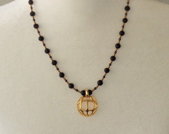 Lava Rock and Hematite Necklace, with Gold Abstract Globe Pendant