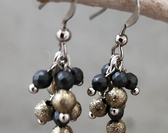 Earrings - Beaded Dangle Drop Clusters: Hematite and Antique Gold Rounds