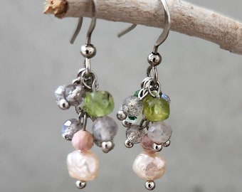 Earrings - Beaded Dangle Drop Cluster: Multi Semi-Precious Stone