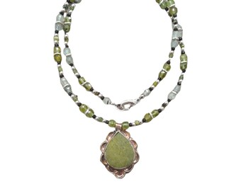 Peridot, Rutilated Quartz, Nephrite Jade, with Scalloped Serpentine Pendant