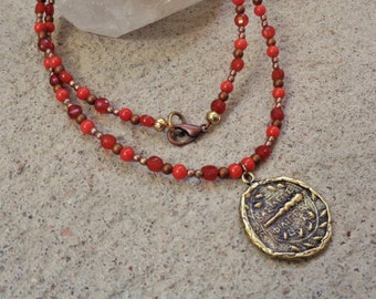 Carnelian and Coral Ancient Coin Pendant Necklace