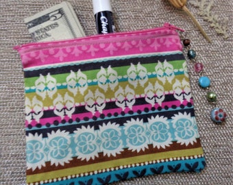 Extra Pocket Coin Purse - Lime, Pink, Blue Retro Print