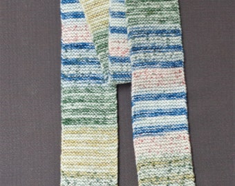 Handknit Scarf - Multicolor Stipes on White Background