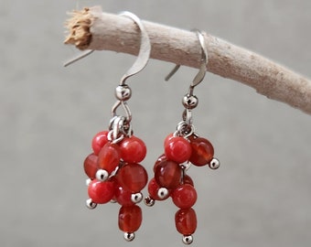 Earrings- Beaded Dangle Drop Cluster: Coral and Carnelian