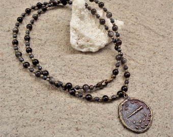 Silver Obsidian, Hematite, with Noble Profile Coin Pendant Necklace