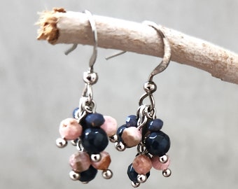 Earrings - Beaded Dangle Drop Clusters: Sunstone and Iolite