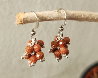 Goldstone Bead Dangle Cluster Earrings