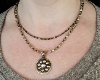 Peridot, Sunstone, Jade, and Hematite Antique Flower Pendant Necklace: Two necklaces, Double Strand