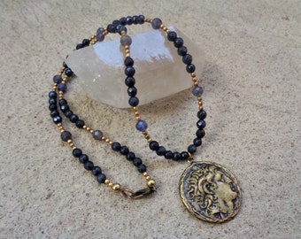 Iolite with Ancient Coin Pendant Necklace