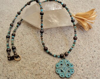 Bronzite, turquoise, obsidienne dorée et hématite avec pendentif bohème oriental antique
