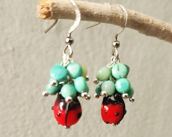 Turquoise and Ladybug Bead Cluster Dangle Earrings