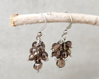 Smoky Quartz Bead Cluster Dangle Earrings