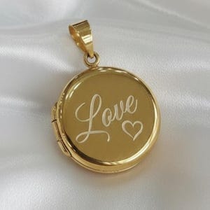 14k Solid Gold Photo Locket Necklace: Engraved Locket Memorial Keepsake