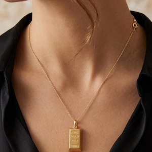 14K Real Gold Bullion Shape Pendant, Gold Bullion Pendant Necklace, Gold Bar Pendant, Unisex Gold Bullion Pendant, Great Gift For Him For Her
