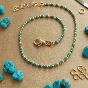 14K Real Gold Blue Ball Beaded Bracelet: Minimalist Women's Jewelry