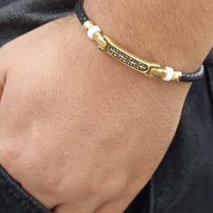 14K Solid Gold Braided Leather Bracelet - Elegant Gift For Him