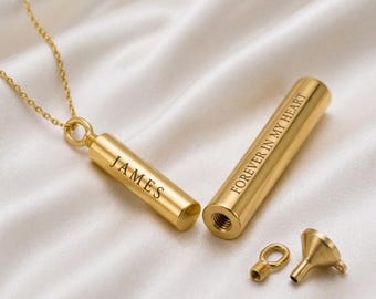 14K Solid Gold Zylinder Feuerbestattung Urne Halskette Denim Personalisierte menschliche Haustier Asche Halter Anhänger,