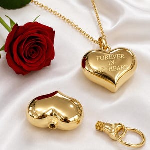Collana con urna cineraria a forma di cuore in oro massiccio 14 carati: ciondolo portaceneri per animali domestici, gioiello commemorativo.