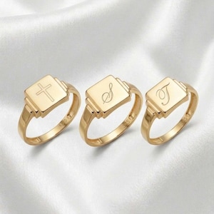 14K massivt guld fyrkantig signetring, specialgraverad initial unisex statementring
