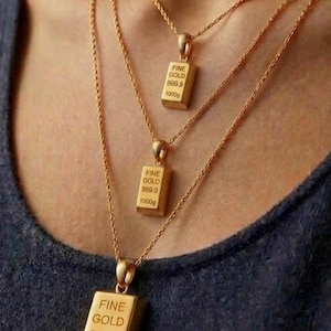 14K Real Gold Bullion Shape Pendant, Gold Bullion Pendant Necklace, Gold Bar Pendant, Unisex Gold Bullion Pendant, Great Gift For Him For Her
