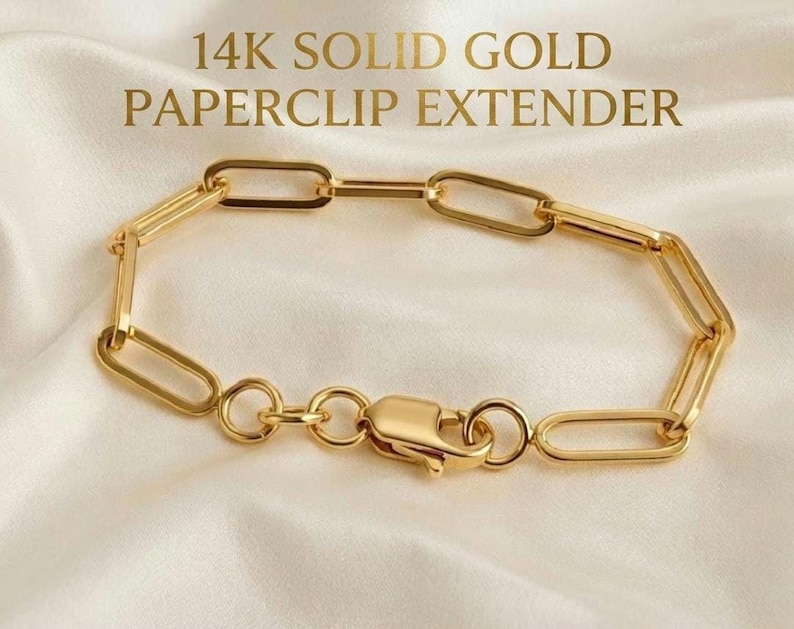 14K Solid Gold Paperclip Necklace Extender: Adjustable Bracelet Extension 14K Real Gold 1' 1.5' 2' 2.5' 3' 3.5' 4 inches Length Paperclip Extenders, Rectangle Chain Necklace Bracelet Extensions, Layering Chain Extender, Adjustable Extension,