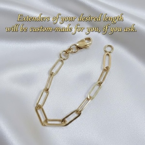 14K Solid Gold Paperclip Necklace Extender: Adjustable Bracelet Extension 14K Real Gold 1' 1.5' 2' 2.5' 3' 3.5' 4 inches Length Paperclip Extenders, Rectangle Chain Necklace Bracelet Extensions, Layering Chain Extender, Adjustable Extension,